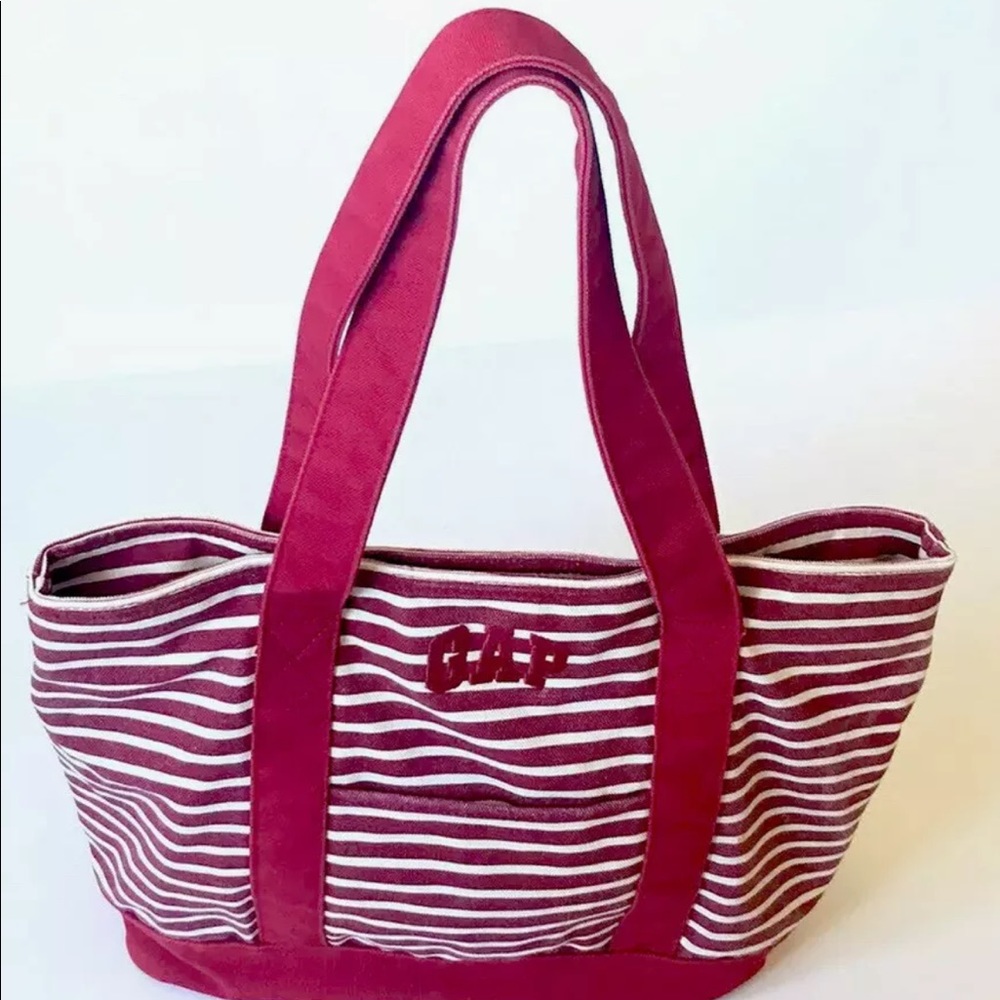Gap Tote Bag Medium Canvas Red White Stripe Double Handle Snap Closure